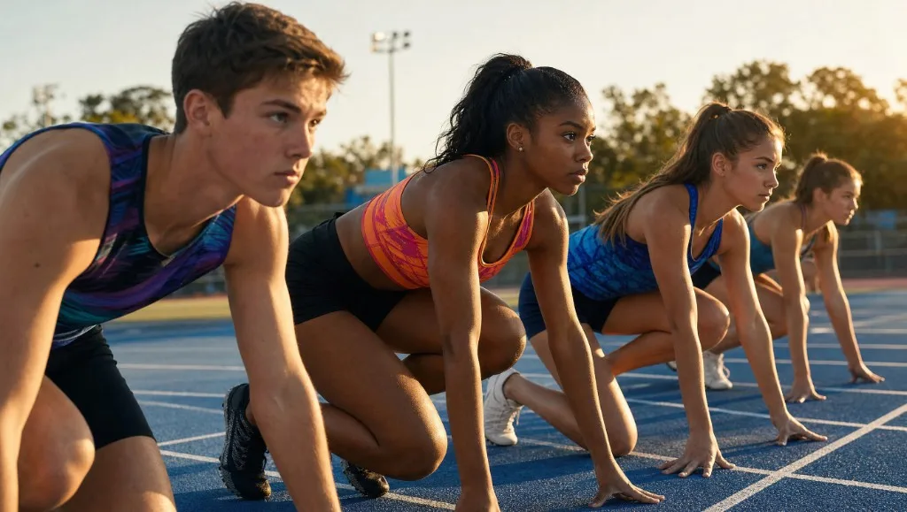 Teenage athletes in a starting crouch on an outdoor track at golden hour